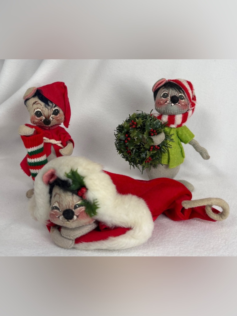 Vintage Set of 3 Gray Felt Christmas Mice Annalee